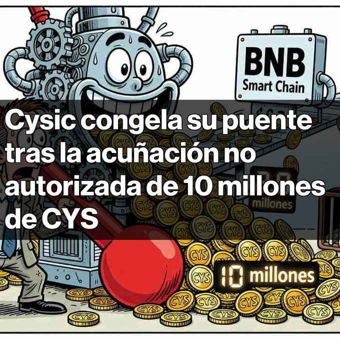 Cartoon-style illustration showing a sweating machine producing gold CYS coins alongside a red ball, with Spanish text 'Cysic congela su puente tras la acuñación no autorizada de 10 millones de CYS' and a 'BNB Smart Chain' sign, plus '10 millones' highlighted.