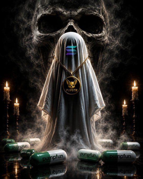 A ghostly figure draped in white cloth wearing a 'PUPSTR' dog pendant stands before a shadowy skull surrounded by candles and 'pumpfun' branded capsules.