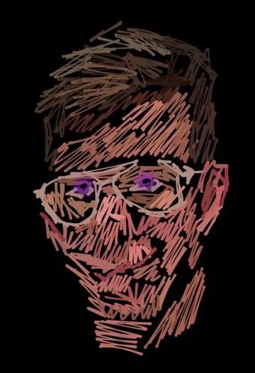 A stylized digital artwork depicting a bearded man with glasses, rendered in textured brown and red tones against a black background, with purple eyes visible through the lenses.