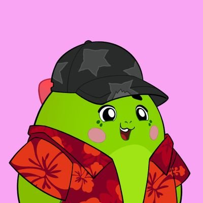 The image features a cartoon character, likely a green avocado or a frog, wearing a hat and a shirt with flowers on them. The character appears to be smiling, giving off a happy vibe. The background of the image is pink, which contrasts nicely with the colorful attire of the character. There are no numbers or other objects in the image, making it a simple yet visually appealing scene that captures attention.