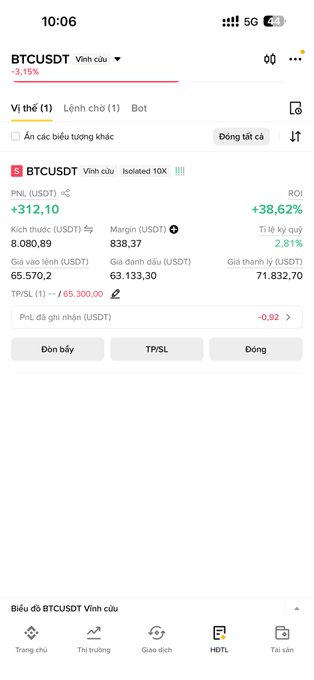 A Vietnamese crypto trading app screen (10:06) showing BTCUSDT perpetual contract details, including a PNL of +312.10 USDT, Kích thước (Size) 8.080.89, Margin 838.37, and a -3.15% price change.