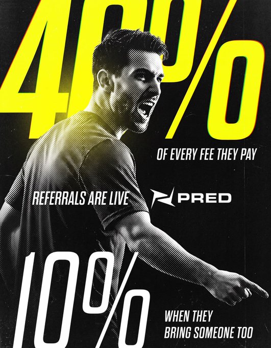 The image shows a black-and-yellow promotional graphic featuring a screaming man in profile, with large text stating "40% OF EVERY FEE THEY PAY" and "100% WHEN THEY BRING SOMEONE TOO" alongside the "PRED" logo and "REFERRALS ARE LIVE" text, illustrating PRED's new referral program that rewards users with 40% of trading fees from invited friends and 10% from second-tier referrals.