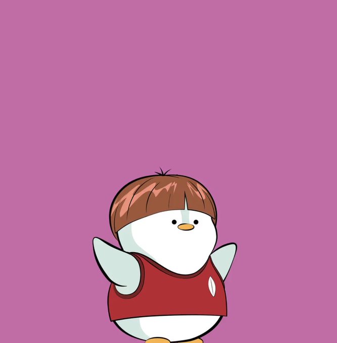 A cartoon illustration of a round, white penguin-like character with brown hair, wearing a red shirt, set against a solid magenta background.