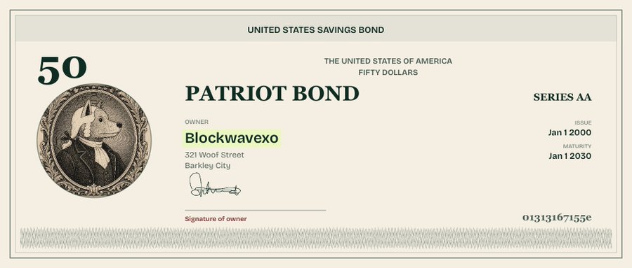 A decorative mock-up of a $50 "Patriot Bond" Series AA issued January 2000 with a 2030 maturity, made out to "Blockwavexo" at "321 Woof Street, Barkley City" and featuring a dog in colonial-era portraiture. The whimsical details—a canine "Founding Father," a fake series designation, and a pun-filled address—highlight that it's a novelty image rather than an actual U.S. savings bond.