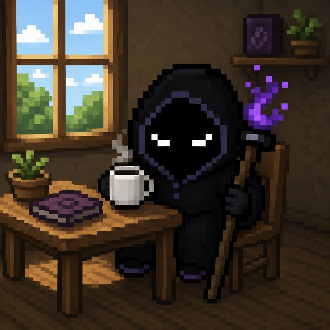 A pixel art illustration of a hooded grim reaper figure with a purple-glowing staff sitting at a wooden table holding a white mug.