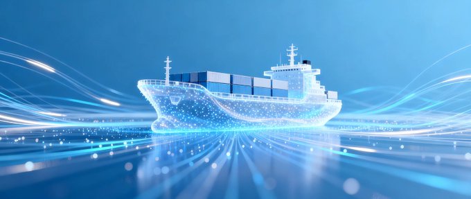A digital 3D illustration of a container ship with a glowing wireframe/polygonal effect, set against a blue background with flowing light streaks and particle effects symbolizing global shipping or technology.