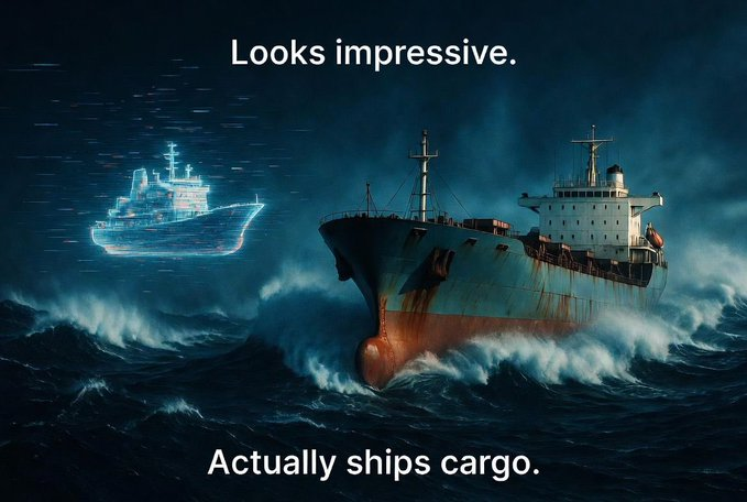A meme image showing a cargo ship on stormy seas with a holographic glowing ship beside it, captioned 'Looks impressive.' at the top and 'Actually ships cargo.' at the bottom.