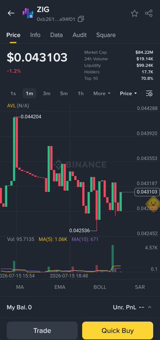 Cryptocurrency trading app screenshot showing ZIG token price at $0.043103 with -1.2% change, market cap $84.22M, on Binance platform.