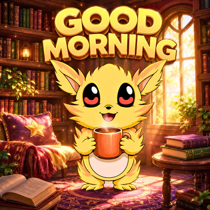 A digital illustration of a cute yellow fluffy creature holding a mug of coffee in a cozy library setting, with large 'GOOD MORNING' text above.