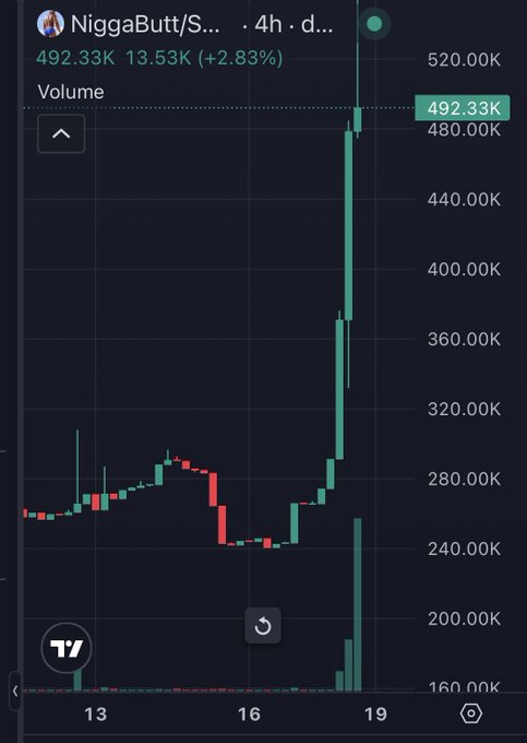 A cryptocurrency price chart showing 'NiggaButt/S...' trading at 492.33K with a 2.83% increase, displaying green and red candlesticks across a date range from the 13th to the 19th on what appears to be TradingView.