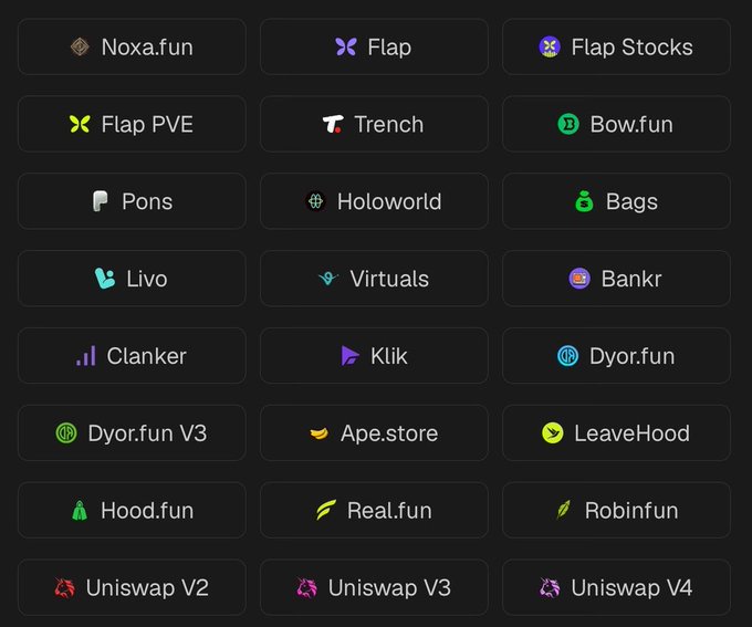 A dark-themed interface displaying a grid of cryptocurrency platform options including Noxa.fun, Flap, Flap Stocks, Flap PVE, Trench, Bow.fun, Pons, Holoworld, Bags, Livo, Virtuals, Bankr, Clanker, Klik, Dyor.fun, Dyor.fun V3, Ape.store, LeaveHood, Hood.fun, Real.fun, Robinfun, and Uniswap V2/V3/V4.