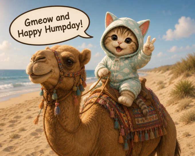 A smiling kitten in a polka-dot hoodie rides a tassel-bedecked camel along a sunny beach, flashing a peace sign beneath a speech bubble reading "Gmeow and Happy Humpday!"

The whimsical cat-on-camel imagery directly mirrors the post's playful "$GMEOW" meme narrative, blending HumpDay energy with the lighthearted "cats land on their feet" analogy for early-positioning in emerging crypto narratives.