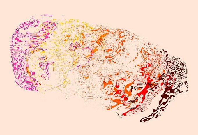 An abstract, colorful fluid-art style digital illustration with swirling patterns in shades of pink, yellow, orange, red, and dark brown spreading across a pale cream background.