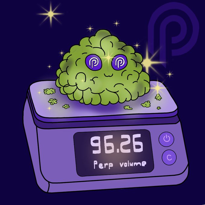 An illustration of a green brain character with purple 'P' eyes sitting on a purple scale displaying '96.26 Perp volume'.