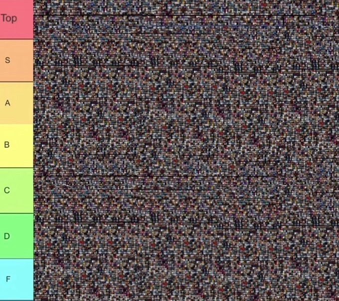 A tier list image with color-coded rankings (Top, S, A, B, C, D, F) on the left side, though the main content area appears as a mosaic of tiny pixels that are not clearly identifiable.