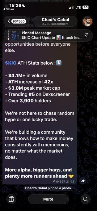A screenshot of a Telegram pinned message from 'Chad's Cabal' channel boasting about SKIO token stats including $4.1M+ in volume, 42x ATH increase, $3.0M peak market cap, #5 trending on Dexscreener, and over 3,900 holders.
