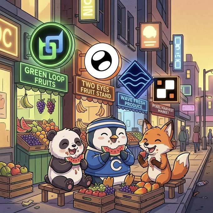 A colorful cartoon illustration of a panda, a penguin, and a fox eating watermelon together in a city street lined with fruit stands, with visible crypto logos including Ethereum and Solana above shops labeled 'GREEN LOOP FRUITS' and 'TWO EYES FRUIT STAND'.