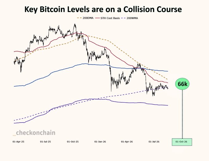 A Bitcoin chart titled "Key Bitcoin Levels are on a Collision Course" shows the STH Cost Basis (red), 200DMA (dashed orange), and 200WMA (dashed purple) converging toward a $66k target on 01-Oct-26, with price action currently hovering near these levels. The image visualizes the post's thesis that Bitcoin's short-term holder cost basis, 200-day moving average, and 200-week moving average are all converging at approximately $66k in October, marking a significant technical alignment for $BTC.