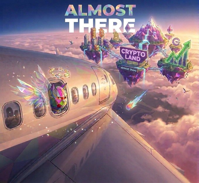A digital illustration showing a futuristic airplane window view toward floating islands labeled 'CRYPTO LAND' with the text 'ALMOST THERE' in the sky.
