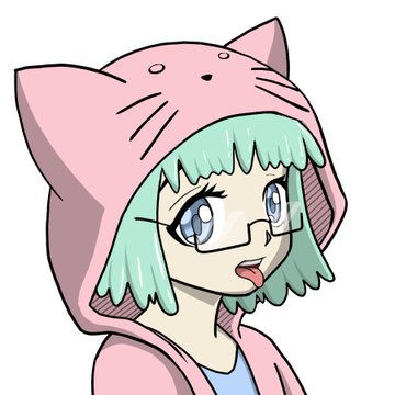 An anime-style illustration of a character with teal hair and blue eyes wearing a pink cat-ear hoodie and glasses.