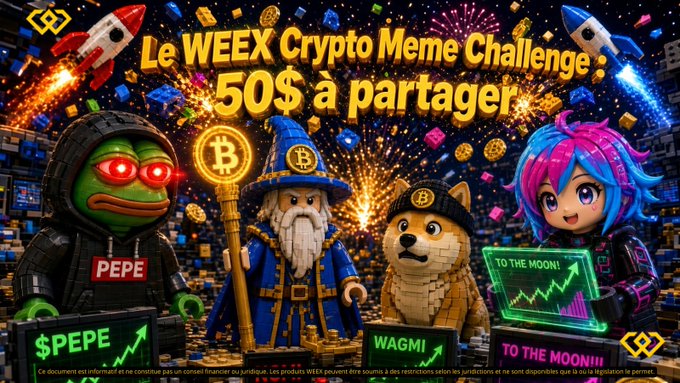 A promotional banner for 'Le WEEX Crypto Meme Challenge' offering '50$ a partager', featuring crypto characters like PEPE, a Bitcoin wizard, WAGMI dog, and a 'TO THE MOON!!' character.
