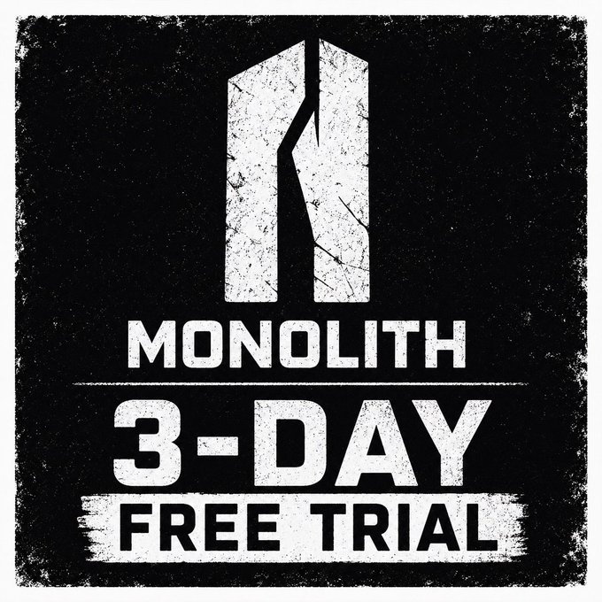 Distressed black and white promotional graphic reading 'MONOLITH 3-DAY FREE TRIAL' featuring a cracked monolithic icon.