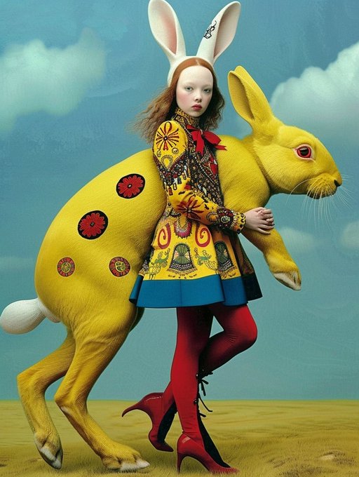 A surreal, artistic image of a pale woman wearing white bunny ears and an ornate yellow patterned dress, standing alongside a giant yellow rabbit in a grassy field under a blue sky.