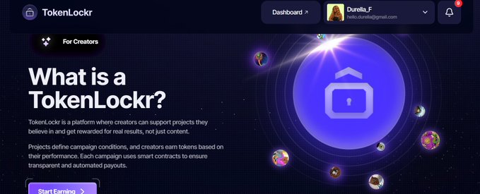 The image shows the "TokenLockr" website header with a "For Creators" section asking "What is a TokenLockr?", explaining that creators can support projects and earn tokens through smart contract-based campaigns, accompanied by a visual of a padlock surrounded by orbiting character avatars.