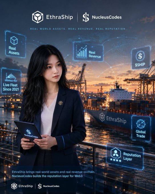 A promotional graphic for EthraShip and NucleusCodes featuring a woman in a dark blazer holding a tablet, set against a backdrop of a cargo port at dusk with floating holographic icons labeled 'Real Assets', 'Real Revenue', '$SHIP', 'Live Fleet Since 2021', 'Global Trade', and 'Reputation Layer'.