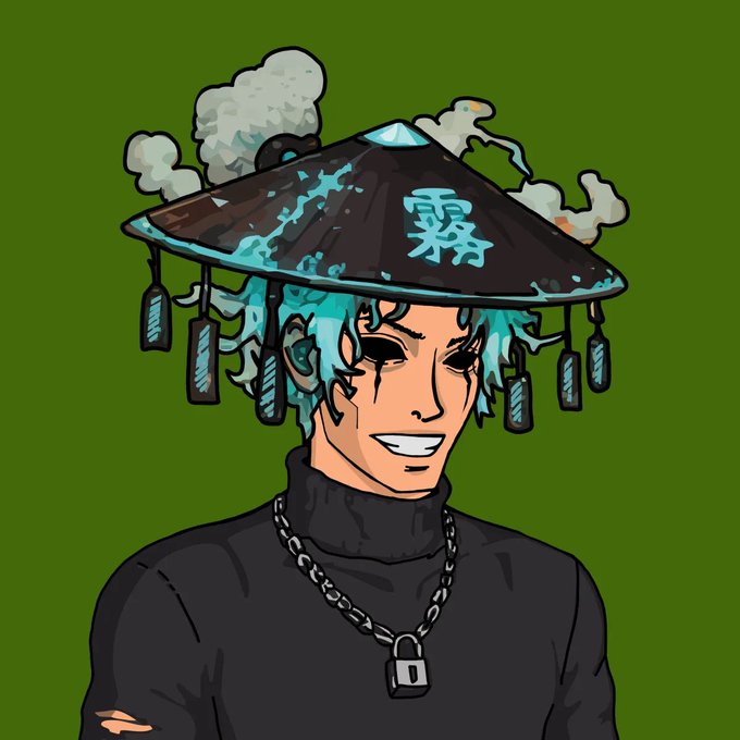 An anime-style illustration depicts a character with turquoise hair wearing a traditional conical hat marked with a Chinese character, along with a chain necklace and padlock, set against a green background.