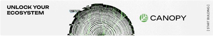A promotional graphic for 'CANOPY' with the text 'UNLOCK YOUR ECOSYSTEM' and '[ START BUILDING ]', featuring a large fingerprint graphic on a light background.