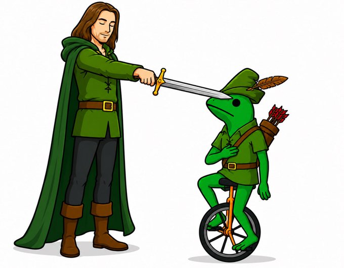 A cartoon illustration showing a tall man in a green tunic and cape tapping a small green frog-like creature wearing a Robin Hood hat on the head with a sword, while the creature balances on a unicycle.