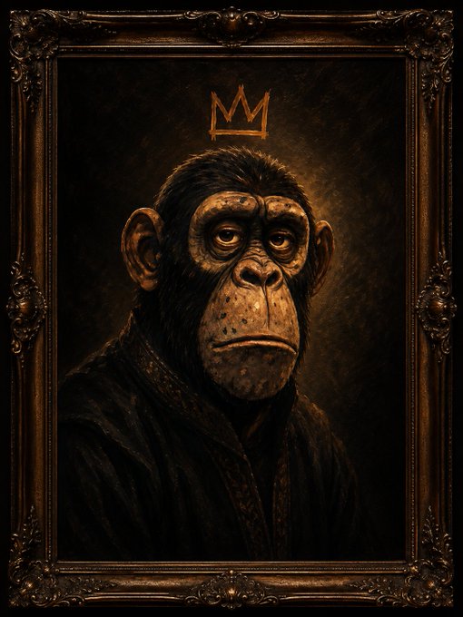 Portrait-style artwork of a chimpanzee with a gold crown symbol above its head, framed in an ornate golden picture frame against a dark background.