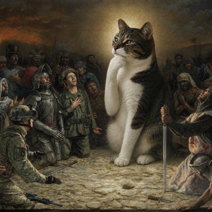 A colossal cat sits serenely in a martyr's pose reminiscent of classical religious paintings, surrounded by awestruck historical warriors, knights, and modern soldiers from across centuries who bow before it. The image perfectly embodies the post's message of a singular, dominant figure who rises above all historical movements—a "commanding" presence that commands not just the market, but the awe of billions.