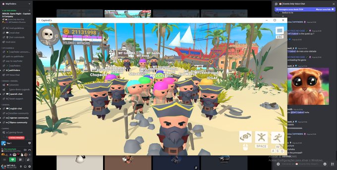 A Discord voice chat screen shows an avatar of a cat and a gameplay window of a pirate-themed MMO with cartoonish sailors labeled 'WL Game - We come in peace'.