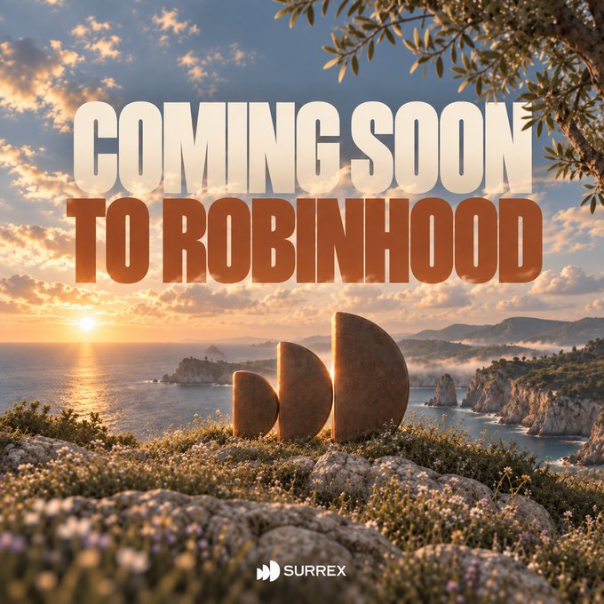 A promotional graphic with the text 'COMING SOON TO ROBINHOOD' over a scenic sunset coastal landscape with the Surrex logo at the bottom.