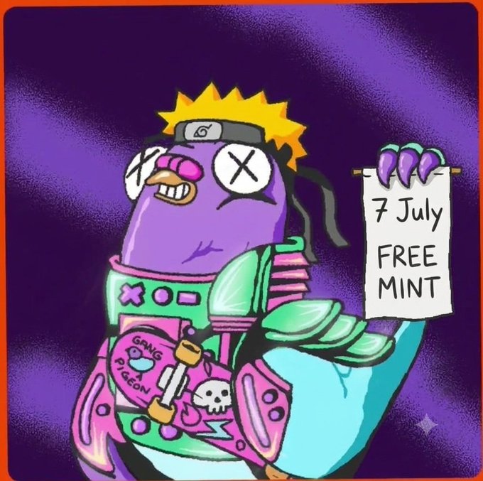 A vibrant cartoon character with spiky yellow hair, X-shaped eyes, and purple skin wears a "Gang of Pigeons" skateboard, while holding up a sign reading "7 July FREE MINT" to promote the Wingston NFT project launch by RallyOnChain.