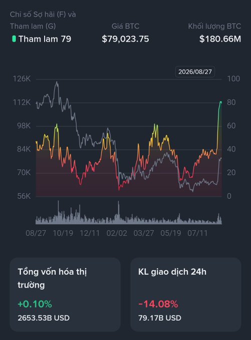 A Vietnamese cryptocurrency dashboard showing BTC price at $79,023.75, a Fear & Greed Index of 79 ('Tham lam'/Greed), market cap of $2,653.53B (+0.10%), and 24h trading volume of $79.17B (-14.08%), with a multi-month price chart.