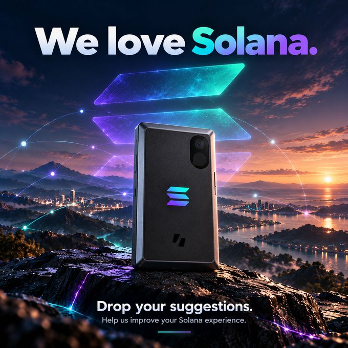 An advertisement reading 'We love Solana' showing a black hardware wallet on a rocky landscape against a sunset, asking users to drop suggestions to improve the experience.
