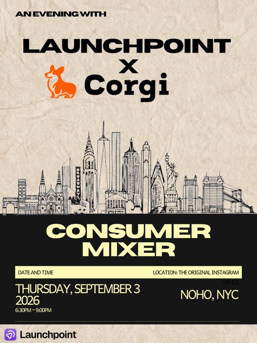 An event flyer for 'An Evening with Launchpoint x Corgi' promoting a 'Consumer Mixer' held on Thursday, September 3, 2026, from 6:30PM – 9:00PM at The Original Instagram Office in NoHo, NYC, featuring a sketch of the New York City skyline.
