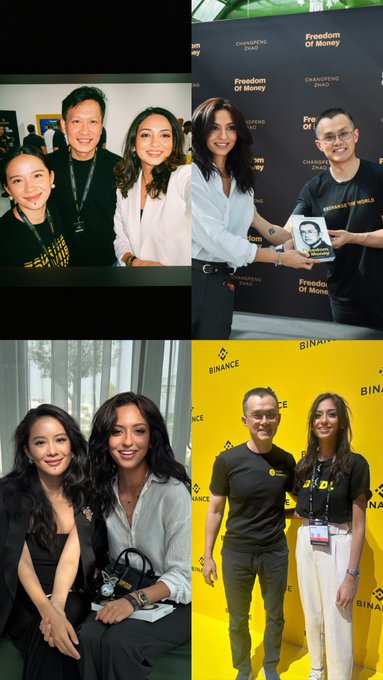 A collage of four photos showing the woman celebrating Binance's 9th anniversary with team members at various Binance events, featuring branded backdrops with "Freedom Of Money," "CHANGING THE WORLD," and "BINANCE" logos, as she presents a book titled "BINANCE" in one image and poses with CZ (Changpeng Zhao) in another.