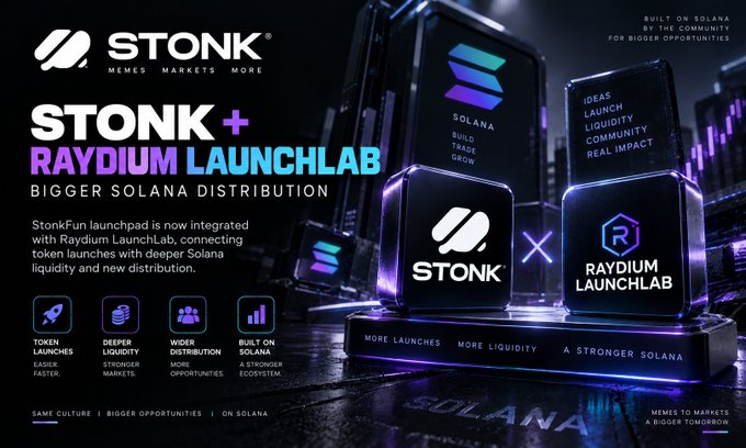 A promotional banner for 'STONK x RAYDIUM LAUNCHLAB' announcing bigger Solana distribution, with features including Token Launches, Deeper Liquidity, Wider Distribution, and Built on Solana.