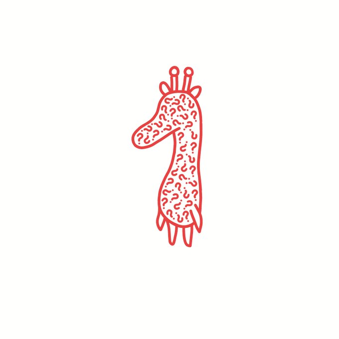 A minimalist line drawing of a giraffe in red, with its body filled with question marks, on a white background.
