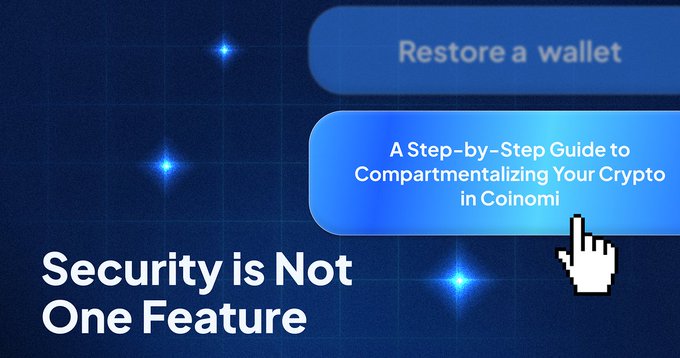 A graphic about crypto security titled "Security is Not One Feature" with buttons reading "Restore a wallet" and "A Step-by-Step Guide to Compartmentalizing Your Crypto in Coinomi," accompanied by a cursor icon.