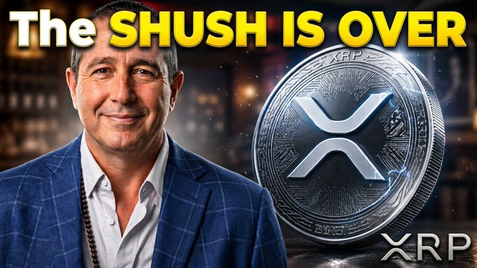 A YouTube-style thumbnail titled 'The SHUSH IS OVER' featuring a man in a blue checkered jacket next to a large silver XRP cryptocurrency coin.