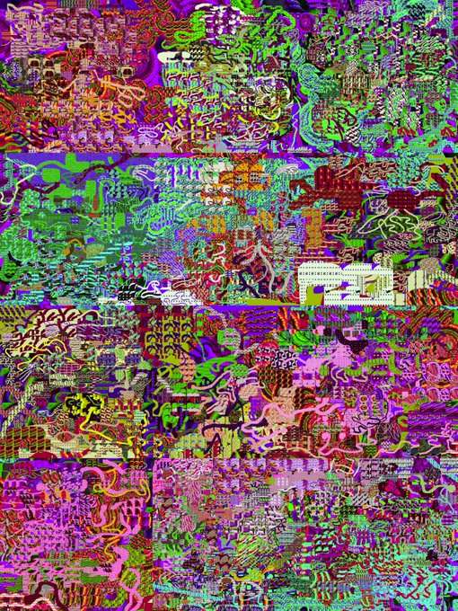 A highly textured, chaotic digital artwork featuring a dense collage of bright neon pinks, greens, and purples with intricate patterns and text fragments.