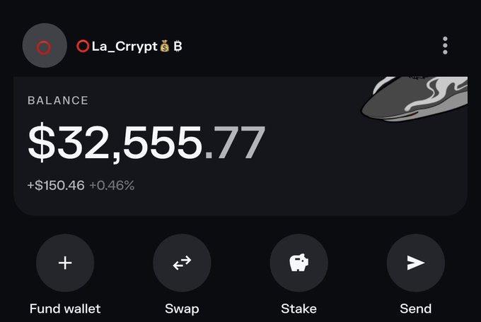 A screenshot of a cryptocurrency wallet account under the username "La_Crypt" showing a balance of $32,555.77 with a daily gain of +$150.46 (+0.46%), featuring options to fund the wallet, swap, stake, or send funds—visually representing the tangible rewards ("proof of work") from crypto investments.