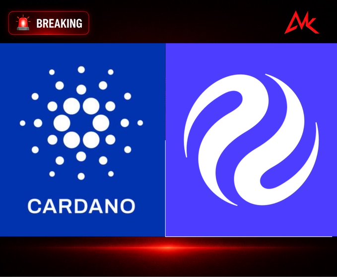 A graphic showing the Cardano logo alongside another blue logo, with a 'BREAKING' alert and 'AK' watermark, suggesting a crypto news update.