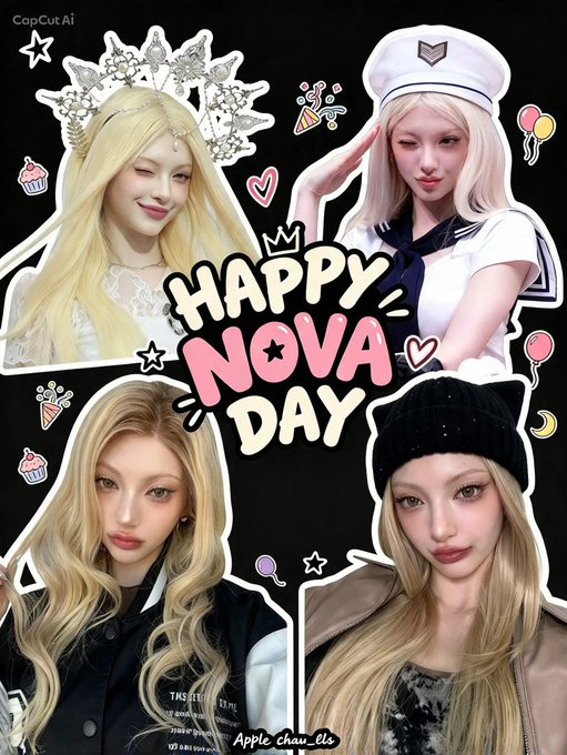 A fan-made collage titled 'HAPPY NOVA DAY' features four photos of a blonde woman in various outfits, created using CapCut AI by 'Apple chaw_ells'.
