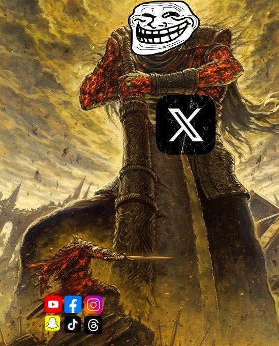 A dark fantasy illustration shows a large armored figure with a troll face meme, the X (formerly Twitter) logo, and social media icons over a warrior.